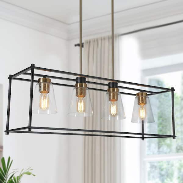 Zevni Klaudianus Modern 4-light Black and Brass Kitchen Island Lamp with Seeded Glass Shade, Rectangle Caged Pendant Light