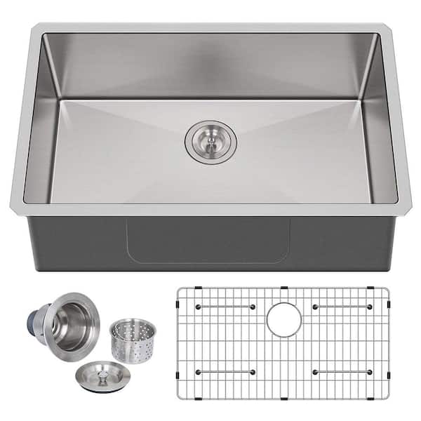 30 in. Undermount Single Bowl 16-Gauge 304 Stainless Steel Kitchen Sink with Bottom Grid and Strainer