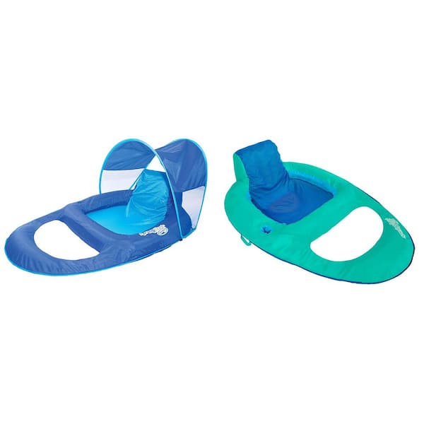 SwimWays Spring Float Fabric Recliner with Inflatable Twist and Fold Spring Pool Float, Blue