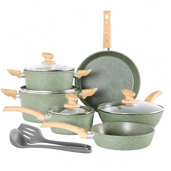 Green Granite 12 Piece Nonstick Cookware Set, Aluminum Healthy PFOA PFOS Free Induction Cooking Pots and Pans Set