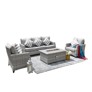 Grice 5-Piece Wicker Patio Conversation Set with Gas Fire Pit Table and Gray Cushions