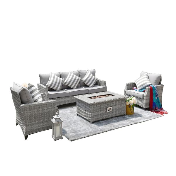moda furnishings Grice 5-Piece Wicker Patio Conversation Set with Gas Fire Pit Table and Gray Cushions