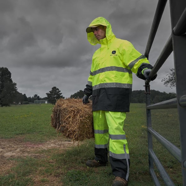 Men's Large High Vis Yellow Polyurethane-Coated Polyester Waterproof ANSI Class III 2-Piece Rain Suit