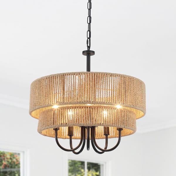 5 Light 2-Tier Black Drum Rattan Hemp Ropes Chandelier for Living Bedroom Room with No Bulbs Included