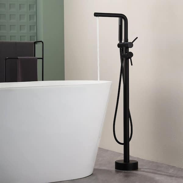 41 in. H 2-Handle Freestanding Tub Faucet Floor Mounted Bathtub Filler Faucet with Hand Shower in Matte Black
