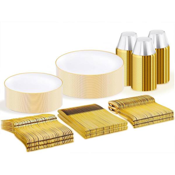 300-Piece White and Gold Plastic Disposable Dinnerware Set with Silverware Cups Napkins Service for 50