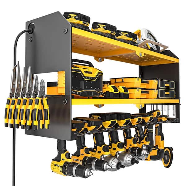 Power Tool Organizer 38 in. Yellow Steel Surge Protected Charging Station Heavy Duty Wall Rack with Power Strip
