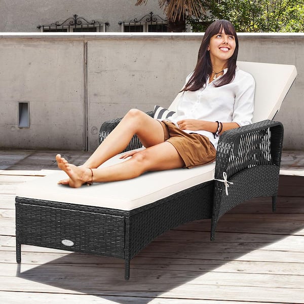 Patio Cushioned Armchair Adjustable Bracket Wicker Outdoor Chaise Lounge Chair with CushionGuard Off White Cushions