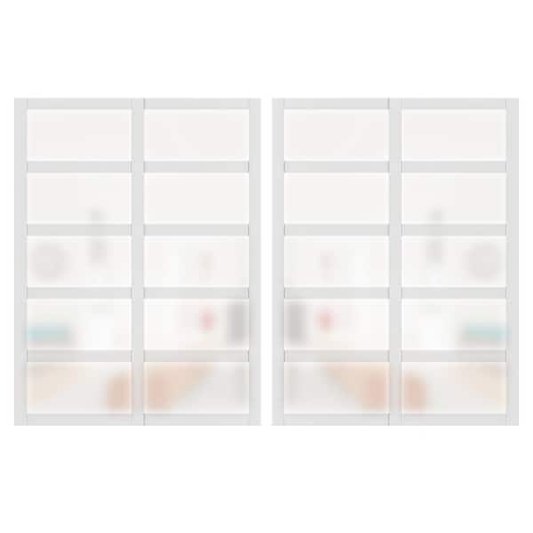 TENONER 120 in x 80 in (Double 60 in. Doors), MDF, Solid Core, White Double Frosted Glass 5-Panel Sliding Door with All Hardware