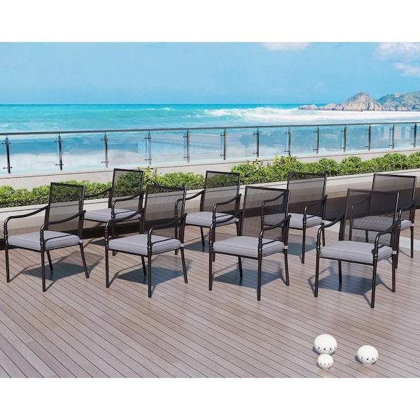 PHI VILLA Ergonomic Black Metal Stylish Gourd-Shaped Design Patio Outdoor Dining Chair with Gray Cushion (8-Pack)
