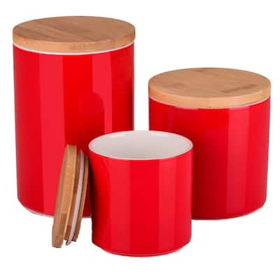 Leo 3-Piece Red Ceramic Kitchen Canister Set with Bamboo Lid