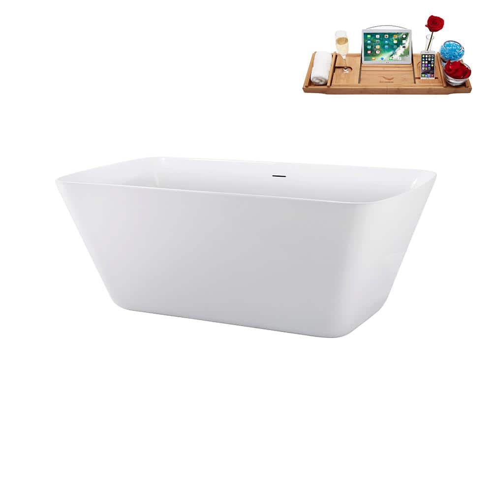 59" Glossy White Freestanding Acrylic Soaking Bathtub with Brushed Brass Drain