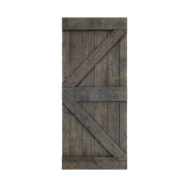 ISLIFE K Style 36 in. x 84 in. Aged Gray Finished Solid Wood Sliding Barn Door Slab - Hardware Kit Not Included