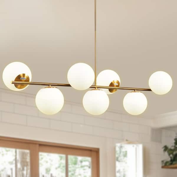 7-Light Gold Metal Pendant Chandelier with White Globe Glass Shades, Perfect for Vintage and Industrial Decor