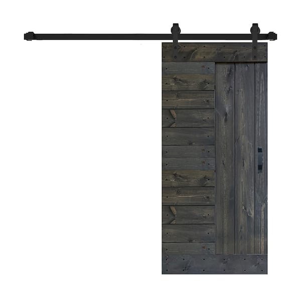 ISLIFE L Series 38 in. x 84 in. Carbon Gray Finished Solid Wood Sliding Barn Door with Hardware Kit - Assembly Needed