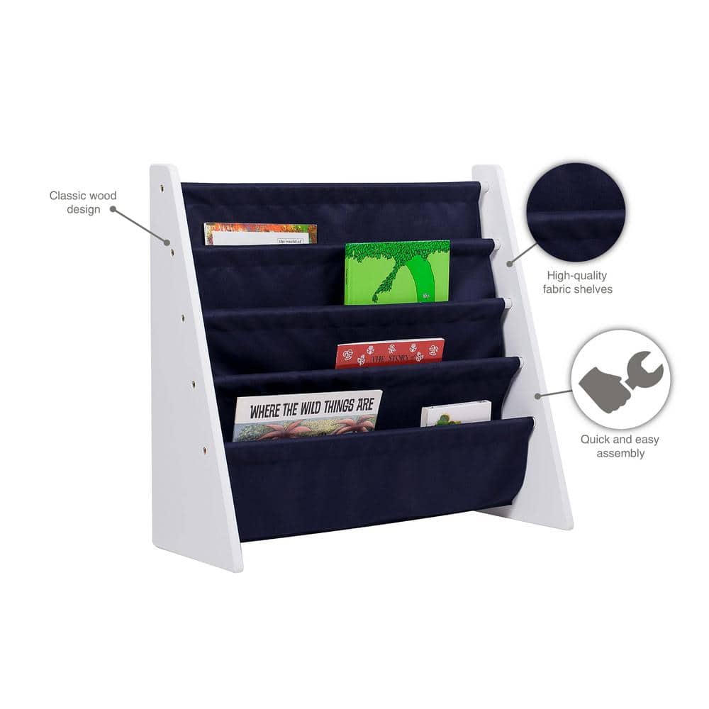 Compact White Melamine Kids Sling Bookshelf with Fabric Pockets