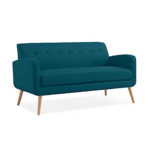 Werner 65.5 in. Peacock Blue Linen-Like Fabric with Natural Legs 2-Seat Mid Century Modern Sofa