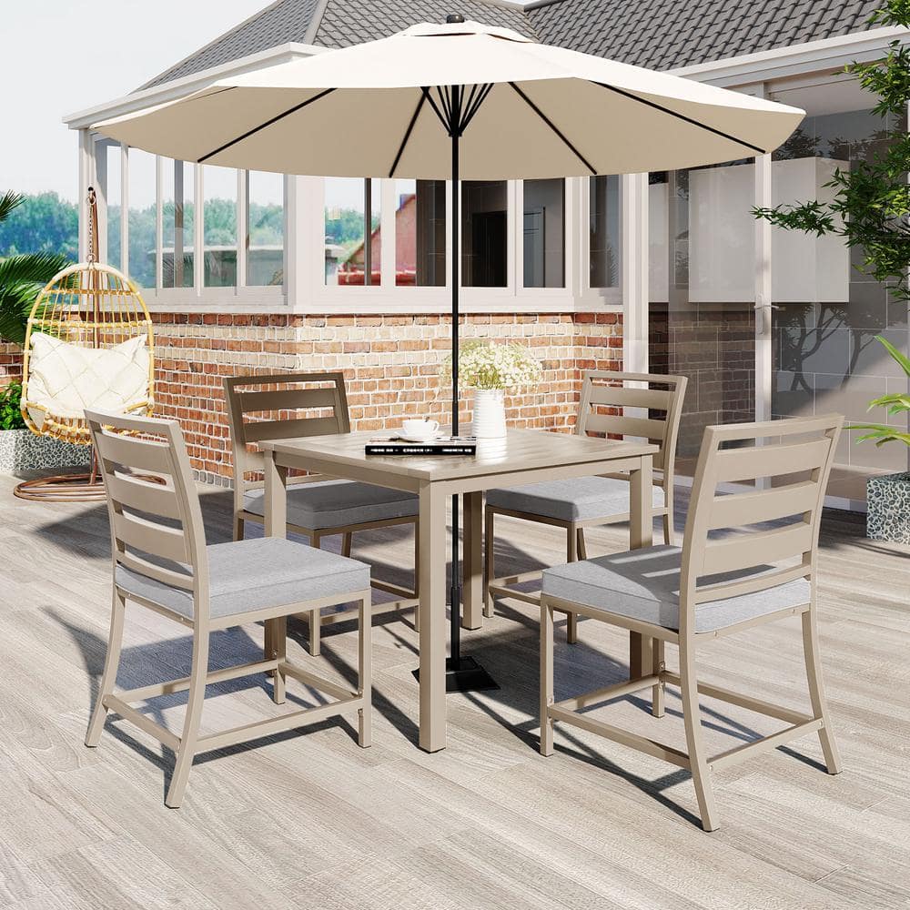 Brown Gray 5-Piece Metal Square Outdoor Dining Set with Gray Cushion and Um