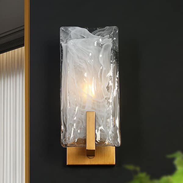 Nereithara 1-Light Vintage Brushed Gold Wall Sconce Modern Rectangle Bathroom Wall Ligh with Textured Glass Shades