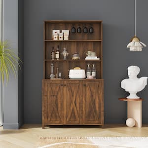 39.3 in. W x 7.87 in. D x 70.87 in. H Brown Linen Cabinet with Wine Rack and Open Shelves for Living Room Kitchen