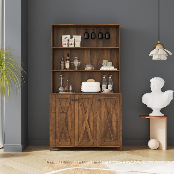 Unbranded 39.3 in. W x 7.87 in. D x 70.87 in. H Brown Linen Cabinet with Wine Rack and Open Shelves for Living Room Kitchen