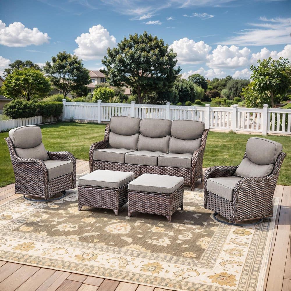 MoonLuxe Brown Swivel Glider Wicker Patio Conversation Set with Gray Olefin 6 in. Thick Cushions/Couch (5-Piece) price history on PriceWatchPro