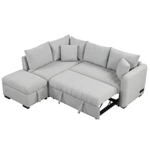 82.6 in. Gray Twin Size Pull Out Sofa Bed L-shaped Sectional Sofa with 2 USB Ports, 2 Power Sockets and Storage Ottoman