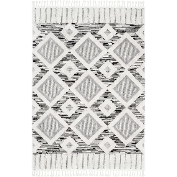 nuLOOM Journey Shaggy Checkered Tiles Tassel Gray 9 ft. x 12 ft. Indoor Area Rug