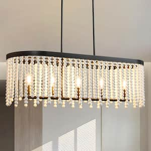 39 in. 5-Light Black Rustic Rectangular Chandelier Boho Wood Beaded Linear Chandelier Light Fixture for Kitchen Island