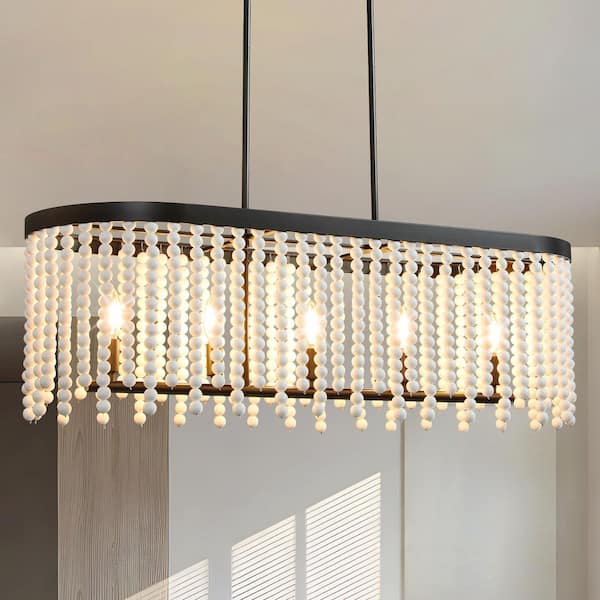 KAISITE 39 in. 5-Light Black Rustic Rectangular Chandelier Boho Wood Beaded Linear Chandelier Light Fixture for Kitchen Island
