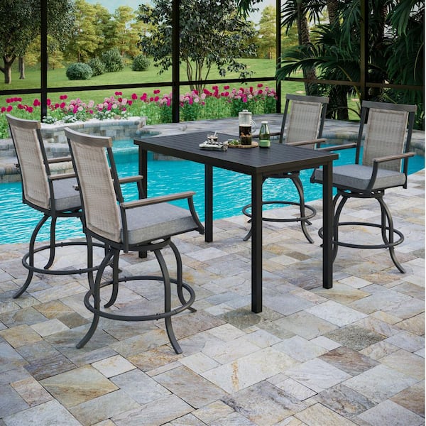PHI VILLA 5-Piece Wicker Rectangle Bar Height Outdoor Dining Set with Gray Cushions