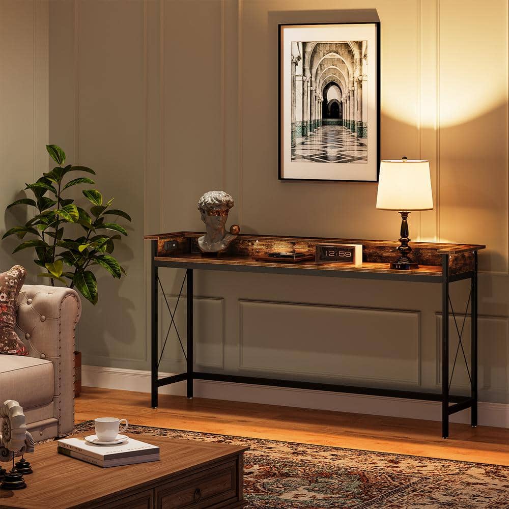 Brown Wood and Metal Console Table with Charging Ports, 70.9 inch
