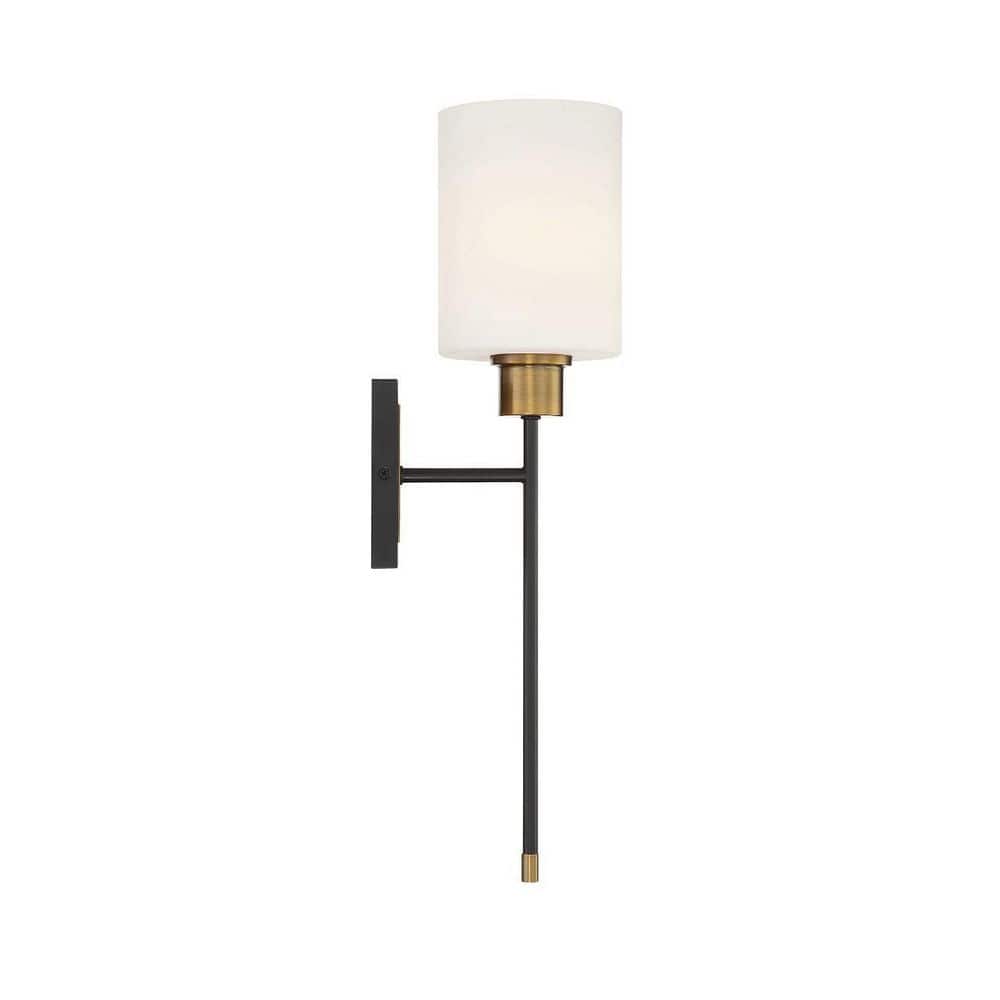 Matte Black and Brass Mid-Century Modern Cylinder Sconce