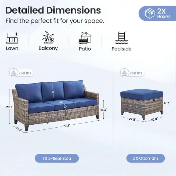 GlideRail 3-Seat Gray Wicker Outdoor Couch with 4 In. Olefin Blue Cushions Patio Lounge Furniture (3-Piece)