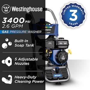 3400 PSI 2.6 GPM Gas Powered Axial Cam Pump Cold Water Pressure Washer with Soap Tank and 5 Quick Connect Tips
