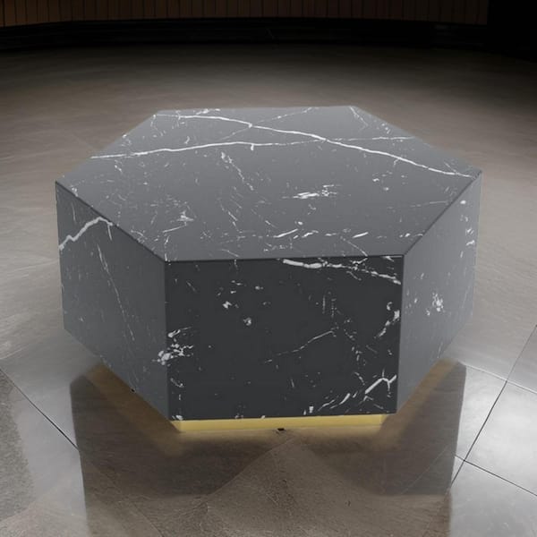 Benjara Hexi 30.3 in. Black and Gold Hexagon Wood Coffee Table with Gold Base