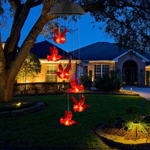 Solar Wind Chime Outdoor Hanging Light Red Cardinal Garden Decor 1