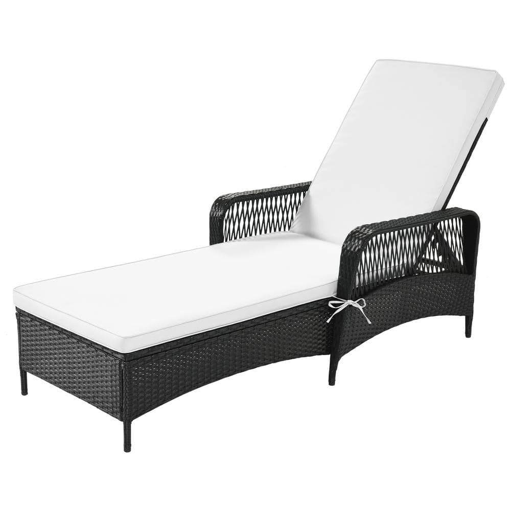 Wicker Outdoor Black Lounge Chair with Beige Cushion Adjustable Backrest
