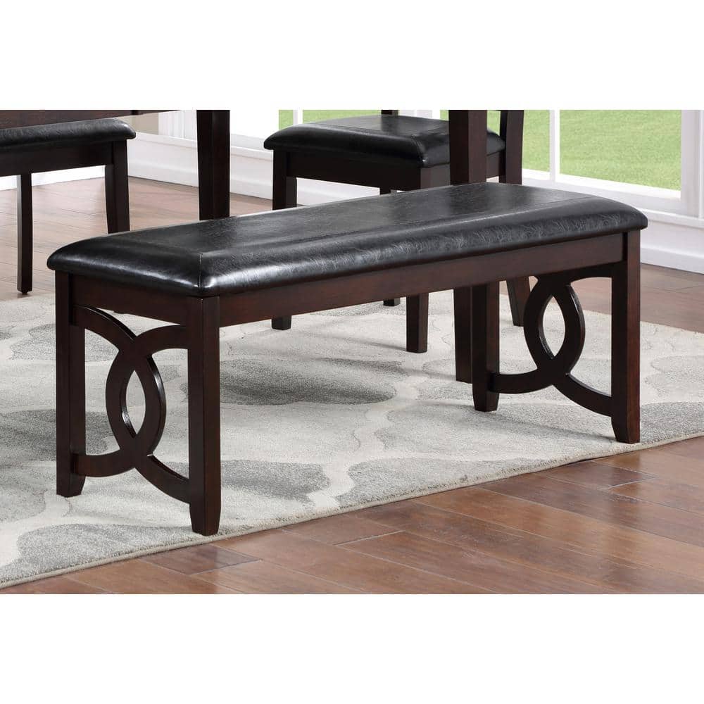 Ebony Black 46" Transitional Solid Wood and Faux Leather Bench