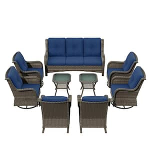 9-Pieces Patio Furniture Set Outdoor Wicker Sectional Sofa with Blue Cushions and Glass Top Coffee Table