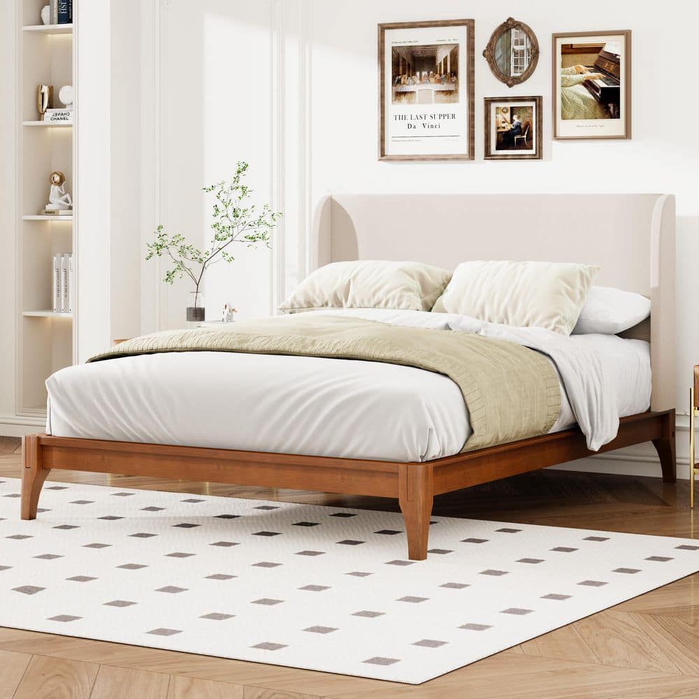 Brown Solid Dry Bamboo Wood Frame Queen Platform Bed with 48 in. H Linen Upholstered Headboard, Easy Assembly Design price history on PriceWatchPro