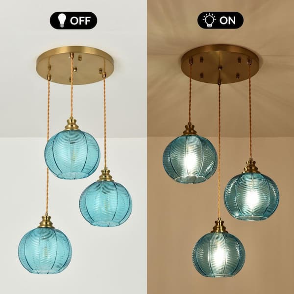 Kinlea 3 Light Blue Cluster Chandeliers with Globe Striped Glass Shape Hanging Pendant Lights with No Bulbs Included