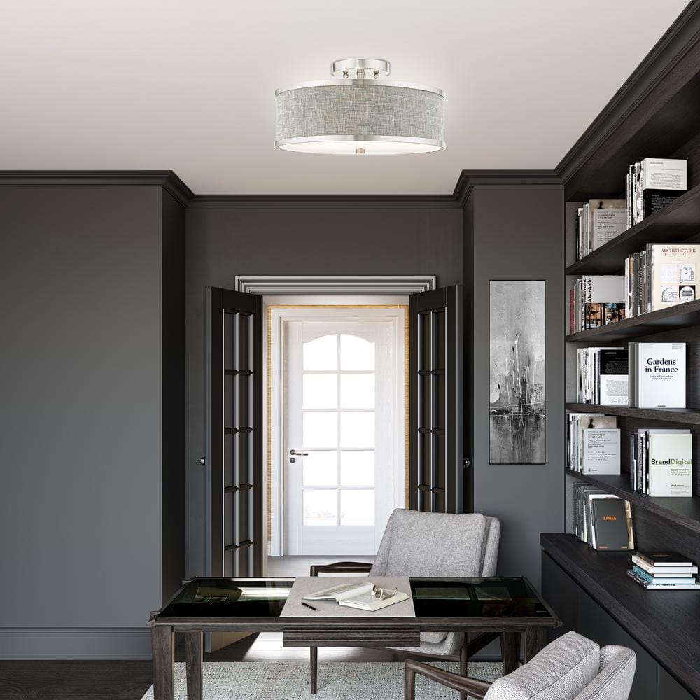 Brushed Nickel 3-Light Semi-Flush Drum Ceiling Fixture with Handcrafted Gray Fabric Shade