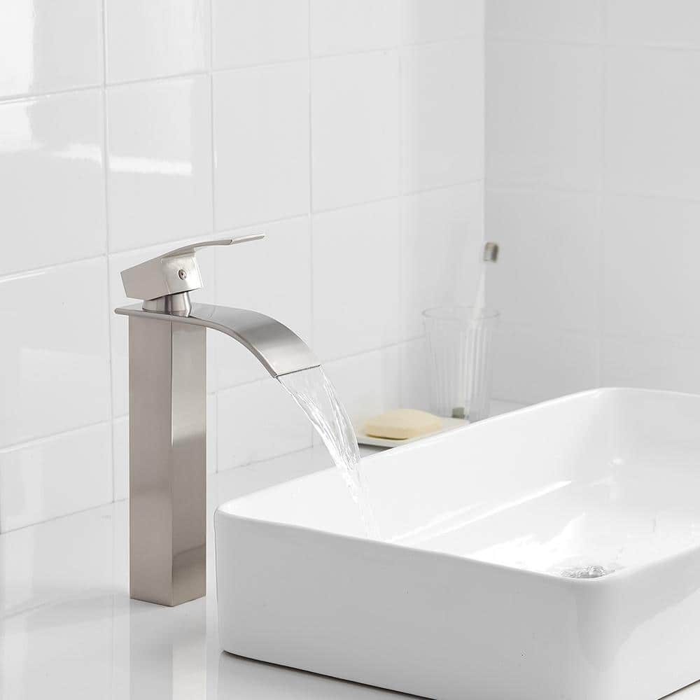 Brushed Nickel Single Handle Waterfall Vessel Sink Faucet with Drain Assembly