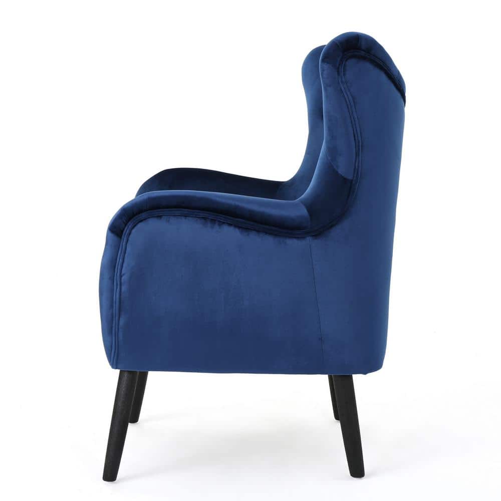 Handcrafted Navy Spot Velvet Wood Accent Chair with Slope Arm