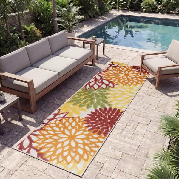 Aloha Red Multi Colored 2 ft. x 12 ft. Kitchen Runner Floral Contemporary Indoor/Outdoor Patio Area Rug