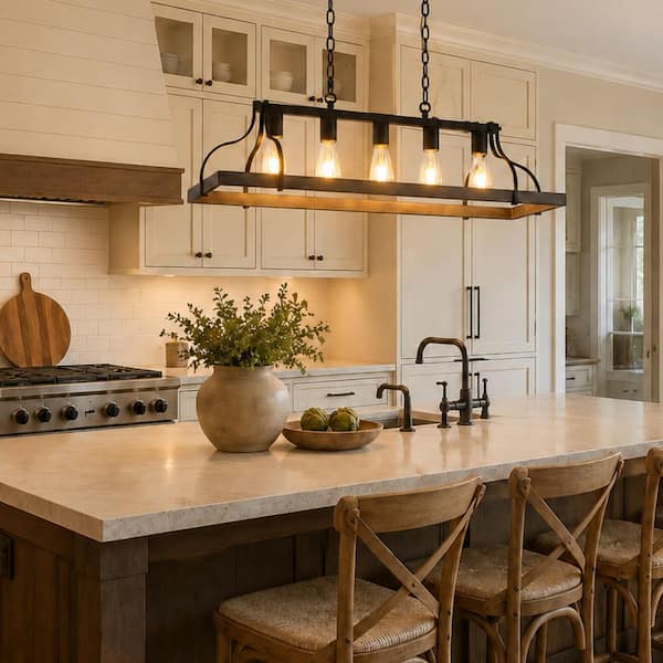 ペンダント Emeritpro 5-Lights Rustic Wood Gray Chandelier Kitchen Island