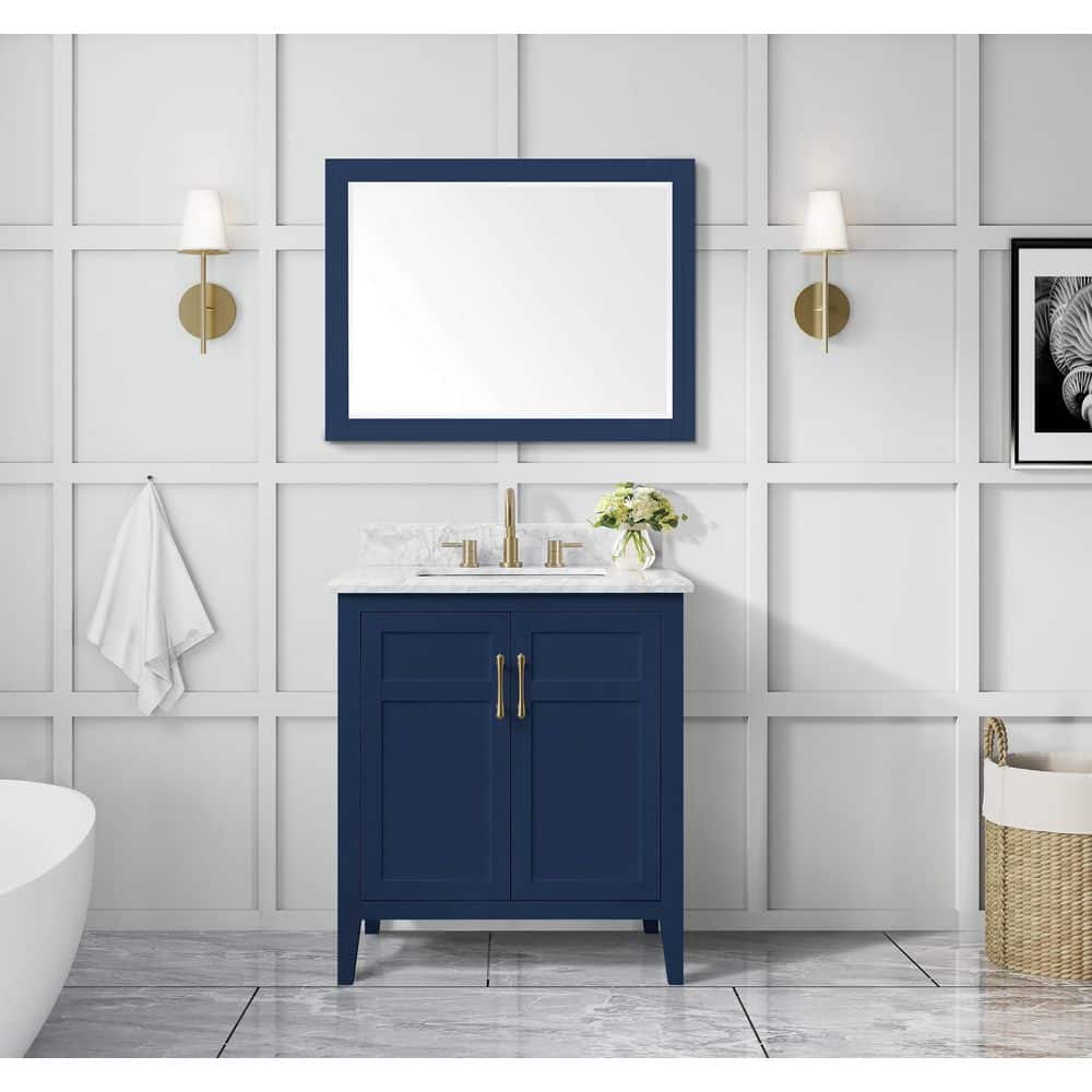 Home Decorators Collection Sturgess 31 in. W x 22 in. D x 35 in. H Single Sink Freestanding Bath Vanity in Navy Blue with Carrara Marble Top ...