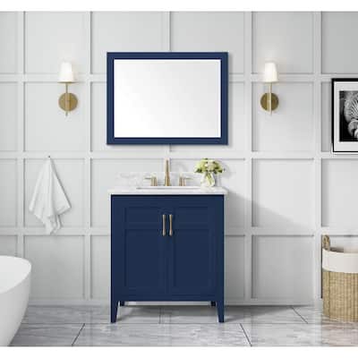 Sturgess 31 in. W x 22 in. D x 35 in. H Bathroom Vanity in Navy Blue with Carrara White Marble Top