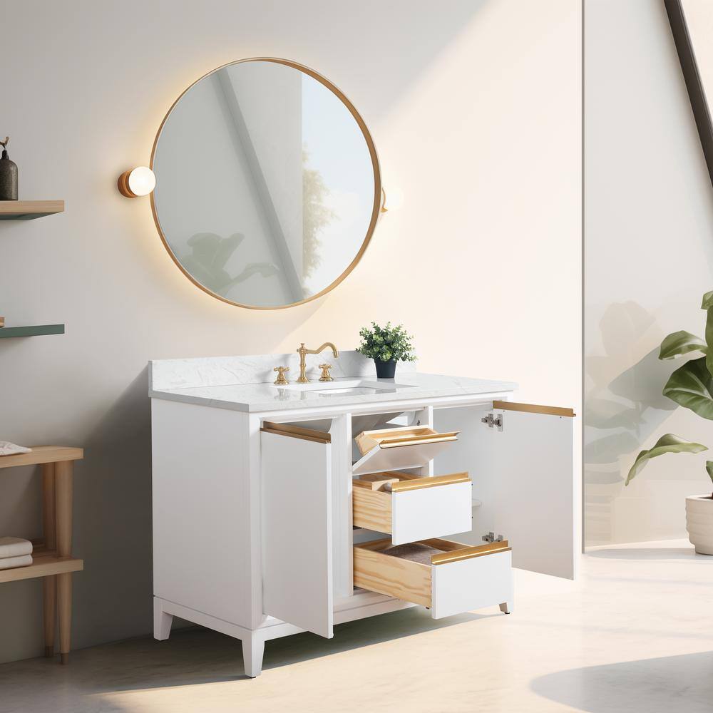 48" White MDF Freestanding Bathroom Vanity with Gold Accents